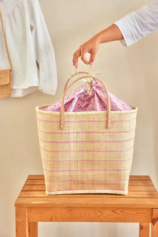 Rice Raffiaveske rosa ruter