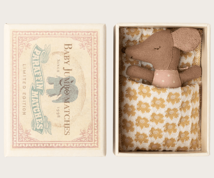 Maileg Sleepy/wakey baby mouse in matchbox - Rose